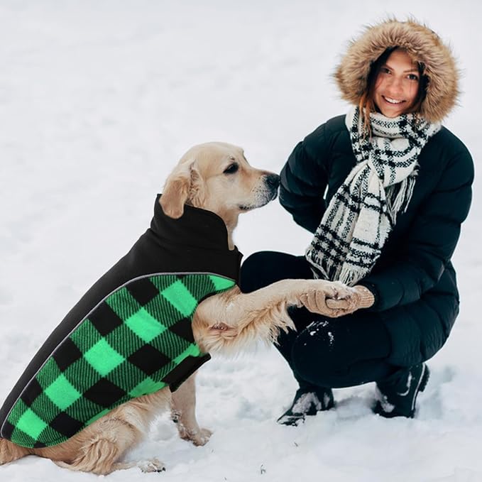 Kuoser Dog Winter Coat, Reversible Waterproof Dog Jacket with Reflective Strip, Warm Dogs Fleece Vest Adjustable Doggy Cold Weather Clothes Plaid Christmas Outfit Pet Apparel for Small Dogs, Green S