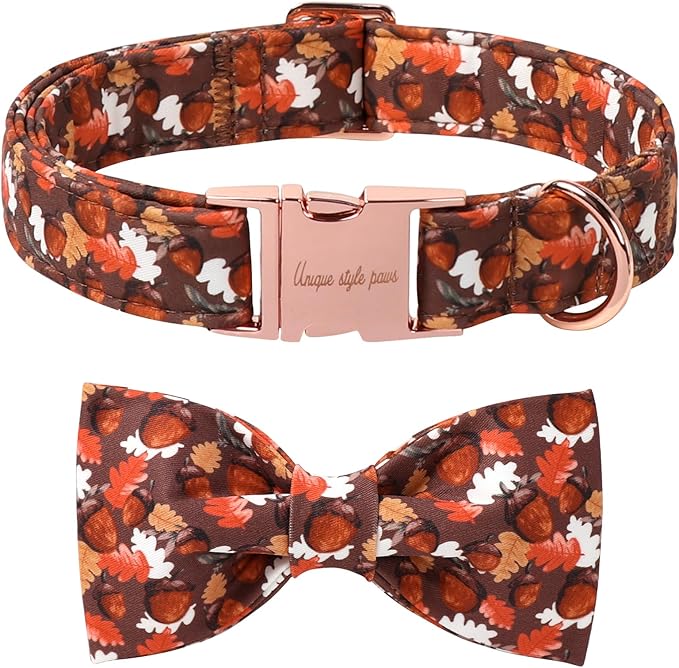 Unique style paws Cotton Dog Collar with Bow Autumn Puppy Collar with Hazelnut Maple for Small Medium Large Boys Girls Dogs