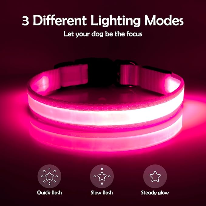 Vizpet LED Dog Collar, Light Up Dog Collar Adjustable USB Rechargeable Super Bright Safety Light Glowing Collars for Dogs (Large, Pink)