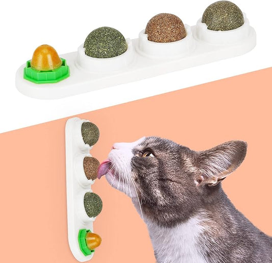SINROBO Catnip Ball for Cats Wall, 4 Pack Catnip Toys, Silvervine Balls, Edible Kitty Toys for Cats Lick, Safe Healthy Kitten Chew Toys, Teeth Cleaning Dental Cat Toys, Cat Wall Treats (White, 4)