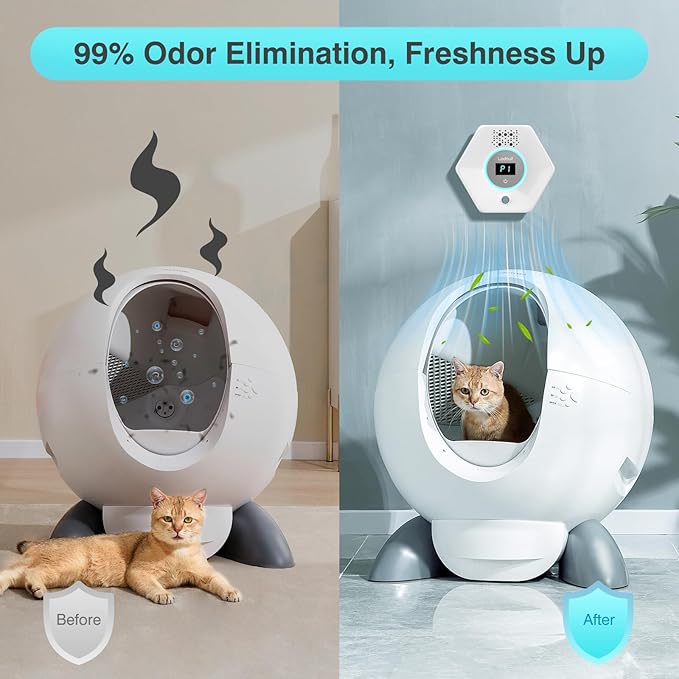 Cat Litter Deodorizer - Ozone & Negative Ion Odor Remover with Sensor Monitor, Cat Odor Eliminator,Safe Air Purifier for Pets(Pearl White)