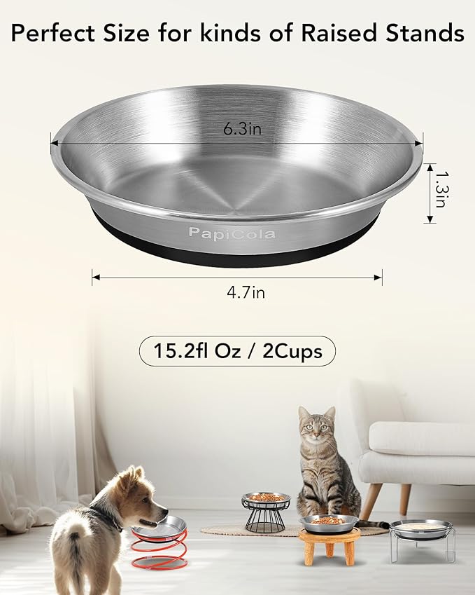 Stainless Steel Cat Bowls 4PCS, Non-Slip cat Food Dishes, Metal Pet Food and Water Bowls, Whisker Friendly with Wide and Shallow Design, 6.3'' Wide, 0.7mm Thick Steel, Ideal Pet Dish (4PC-6.3in)