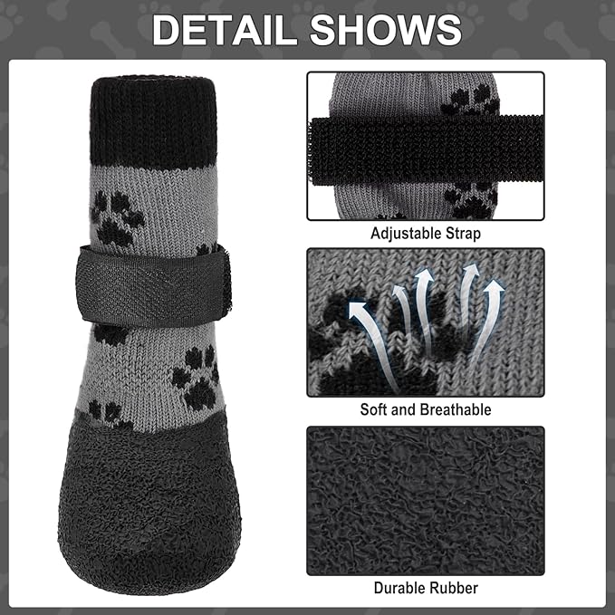 KOOLTAIL Anti Slip Dog Socks to Prevent Licking Paws for Hardwood Floors, Waterproof Dog Boots & Paw Protector Traction Shoes with Toe Grips for Small Medium Large Senior Dogs Dark Grey XXL