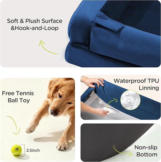 Extra Large Dog Bed, Orthopedic XL Washable Bed for Big Dog Waterproof Pet Couch Sofa Bolster with Removable Cover, Non-Slip Bottom, Tennis Ball Toy, 42x30
