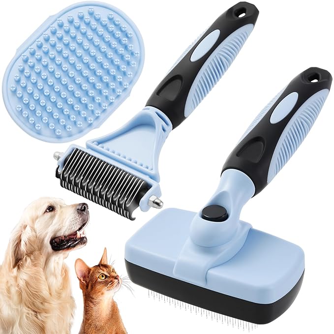 3PCS Cat & Dog Brush Set: Slicker & Deshedding Brush, Dematting Comb, and Bath Brush – Premium Grooming Tools for Shedding & Tangle-Free Fur (Blue)