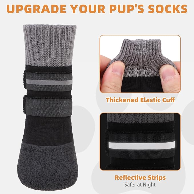 KOOLTAIL Anti Slip Winter Dog Socks to Prevent Licking Paws, Waterproof Snow Rain Long Dog Boots&Paw Protector, Warm Grippy Booties Reflective Double Straps for Hardwood Floor, Small Medium Large Dogs