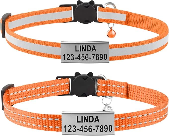 Cat Collar Personalized - Breakaway Reflective Cat Collar with Bell-Custom Cat Collars Engraved with Name and Phone, Adjustable for Cats and Kitten