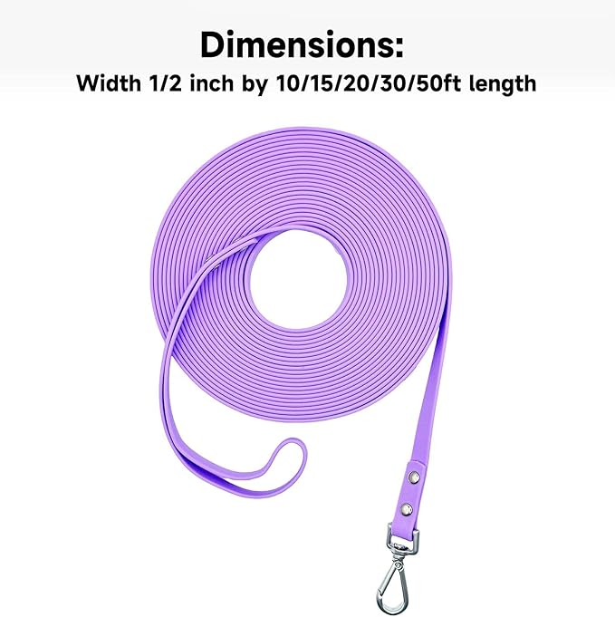 Dog Training Long Leash Waterproof Long Line Heavy Duty Outdoor Recall Lead 10ft 15ft 20ft 30ft 50ft for Small Medium Large Dog (Light Purple, 10FT)