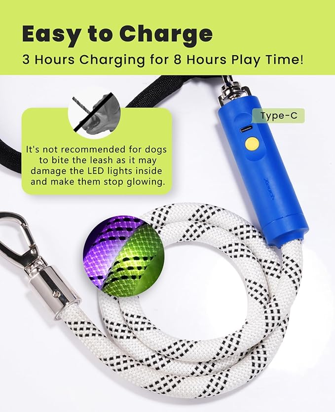 Xeuch Light Up Dog Leash, LED Pet Leash for Night Walking,13 Lighting Modes, Rechargeable Dog Lights, Glow in The Dark Walking Leashes with Tangle-Free Hook for Medium Large Dogs (Leash-5Ft)