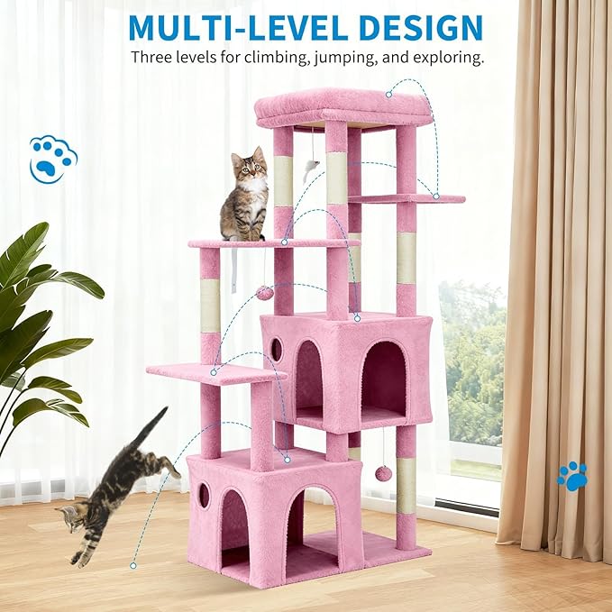 Cat Tree - 157cm Tall, Sisal Wrapped Scratching Post, Cat Nest, Hanging Ball, Extended Platform