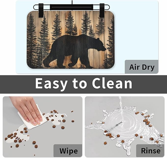 Rustic Bear Forest Dog & Cat Food Mat for Floors Waterproof,Quick Dry Anti-Slip Bowl Mats for Food and Water,Pet Feeding Mats,Pet Placemat for Messy Drinkers to Protect Floors,Supplies 23.62×15.75in