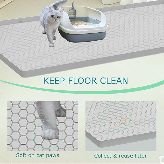 Cat Litter Mat for Litter Box, Silicone Large Cat Litter Trapping Mat - 28x19 in, Waterproof & Non-Slip, Durable & Easy Clean, Light Grey