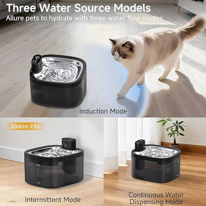 Wireless Cat Water Fountain with Stainless Steel Tray, 3.5L/118oz Rechargeable Battery Pet Water Dispenser, Ultra-Quiet Indoor Fountain with Motion Sensor, BPA-Free(8Filters)