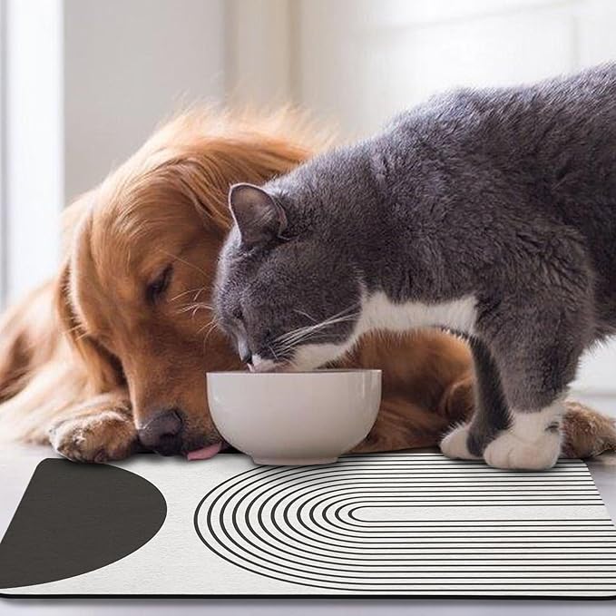 Dog Food Mats for Floors Waterproof, Cat Water Bowl Mats Pet Feeding Absorbent Mat Placemats for Food and Water Black Bohemia 12 * 20 inch