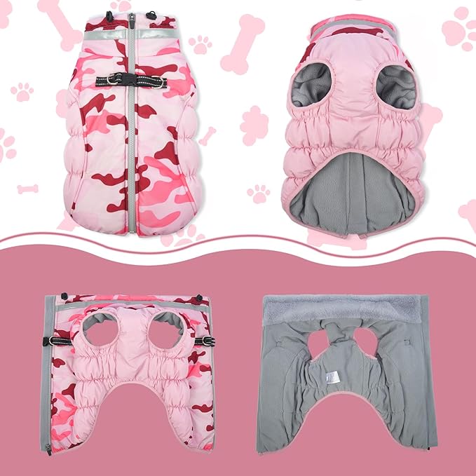 Lelepet Warm Dog Winter Coat Dog Coats for Large Dogs Waterproof Dogs Jacket with Harness Built in Reflective Cold Weather Coats Windproof Zip-Up Winter Fleece Vest Snowsuit Pitbull Pink Camo XXL