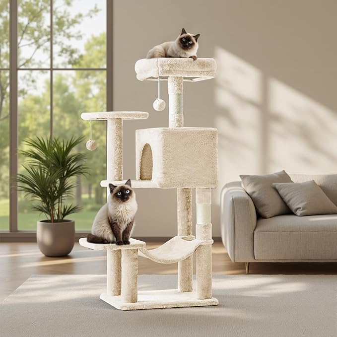 Sweetcrispy 44 inch Cat Tree Tower, Small Cat Climbing Tower with Condo, Natural Sisal Scratching Posts, Extended Platform, Hammock, Pet House for Indoor Cats and Kittens Play, Beige