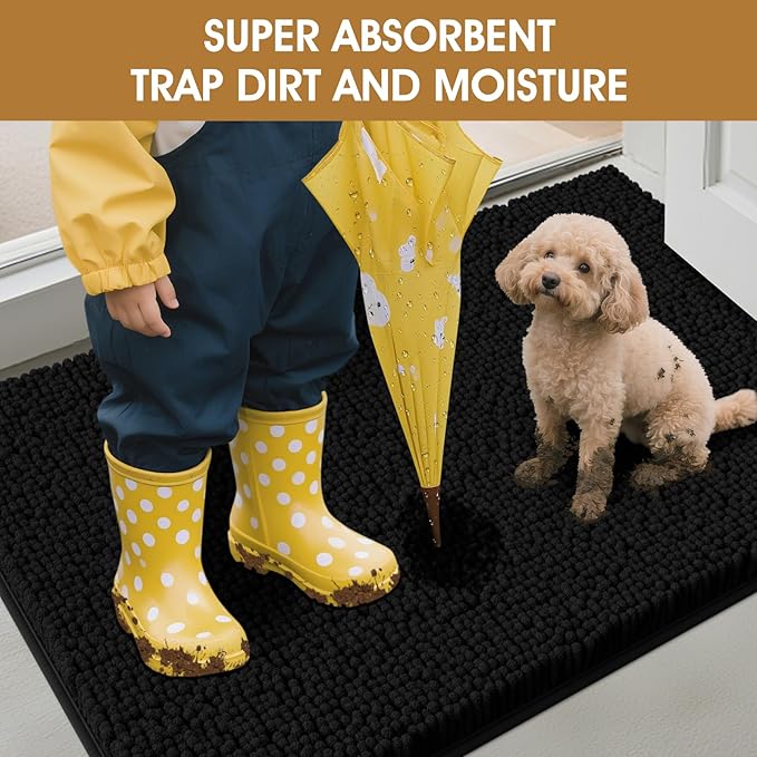 IM HOME Large Dog Door Mats for Muddy Paws, 48" x 30" Chenille Absorbent Mud Mat for Dogs, Non Slip Heavy Dog Rugs for Muddy Paws, Soft Indoor Door Mat for Entryway, Mud Paw, Inside Floor, Black