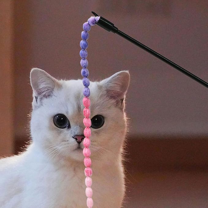 MeowAroma Interactive Cat Toys, 3 Pcs Cat Wand Toys for Indoor Kitten with Colorful Bead Shape Hemp Rope and Small Bell, Kitty Teaser String Toy for Indoor Cats to Chase and Exercise