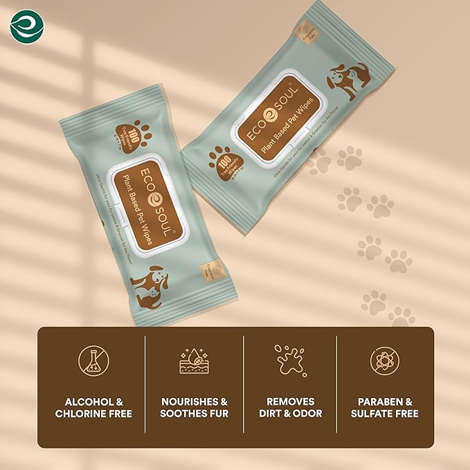 ECO SOUL Pet Wipes for Dogs & Cats, Unscented Large Cleaning Wipes with Aloe & Glycerin | Alcohol & Chlorine Free | Pack of 1 (100 Wipes) (Pack of 4)