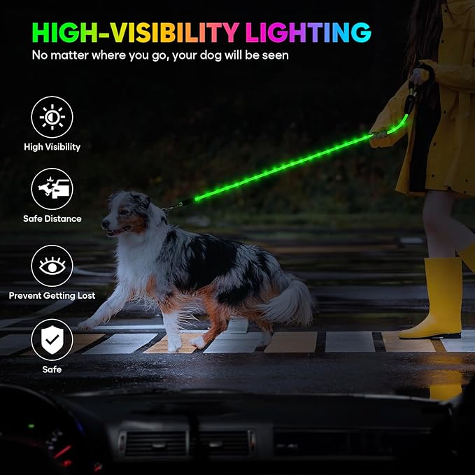 YFbrite 5FT Light up Dog Leash with 15 Flashing Modes - Super Bright LED Dog Leash for Small Medium Large Dogs - Type-c Rechargeable Dogs Leashes Light (Multi-Color, 5FT (150cm))
