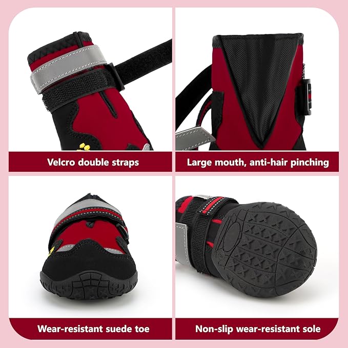Dog Shoes for Large Dogs, 360°Anti Slip Medium Dog Boots & Paw Protectors Winter Snowy, Waterproof 4Pcs Dog Booties with Reflective Strips (Size 8: 2.95''x3.46''(W*L), Red)