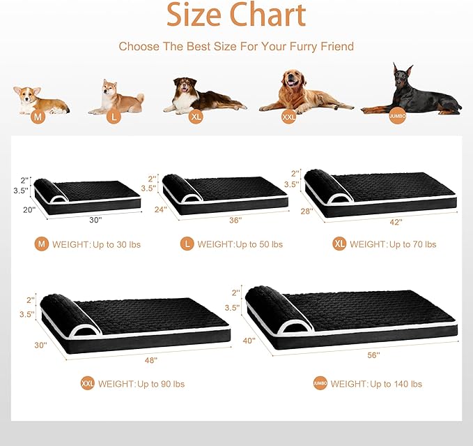 Orthopedic Dog Bed Large Sized Dog with Pillow 36''X24'', Waterproof Soft Comfortable Egg Crate Foam Pet Crate Beds Mat with Removable Washable Cover and Non-Slip Bottom, Black
