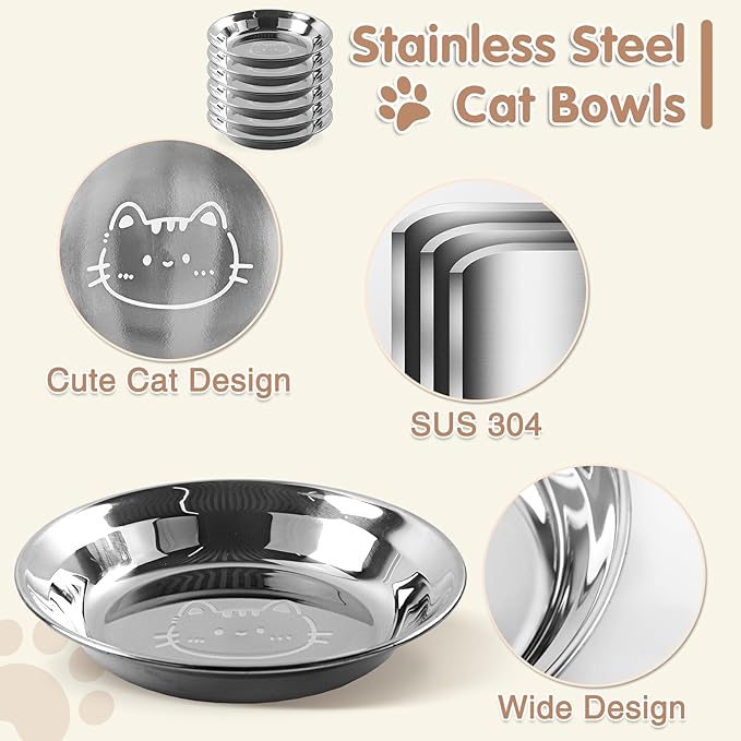 6 Pack Stainless Steel Cat Bowls, Shallow Wide Flat Cats Food Bowls, Whisker Friendly Shallow Cat Dishes, 6.4 Inches Anti Whisker Fatigue Cats Bowl Set for Food and Water
