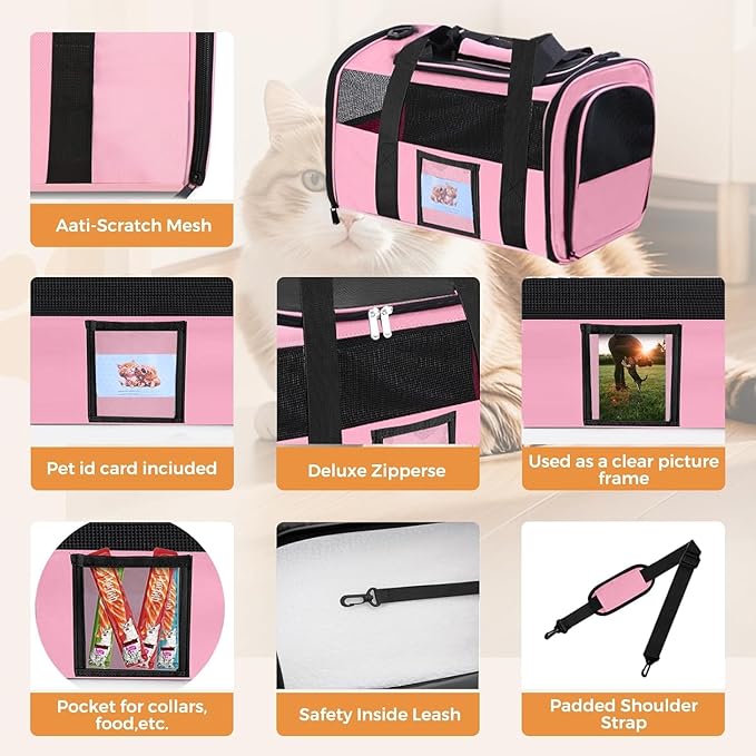 Soft Cat Carrier for Pets Up to 25 lbs, Cat Pet Travel Bag with Padded Shoulder Strap and Detachable Cat Food Bowl, Pet Dog Carriers for Small Dogs and Puppies, Travel Carry, Pink