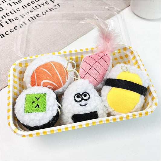 Sushi Cat Toy Set 5pcs Cute Soft Funny Plush Catnip Toys with Bell and Feathers Kitten Teething Chew Toys for Indoor Boredom Relief Interactive Cat Toys Teaser Wand Replacement Accessories