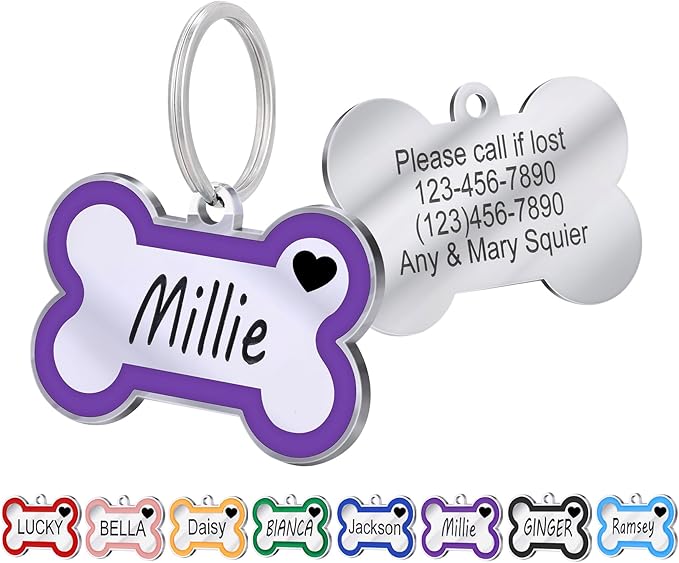 Personalized Deep Engraving Pet ID Tags Engraved Both Sides Bone Shape Custom Dog Tag Stainless Pet ID Tag Engraved Heart Dog Tags for Large Small Dogs Cats (Purple, Small)