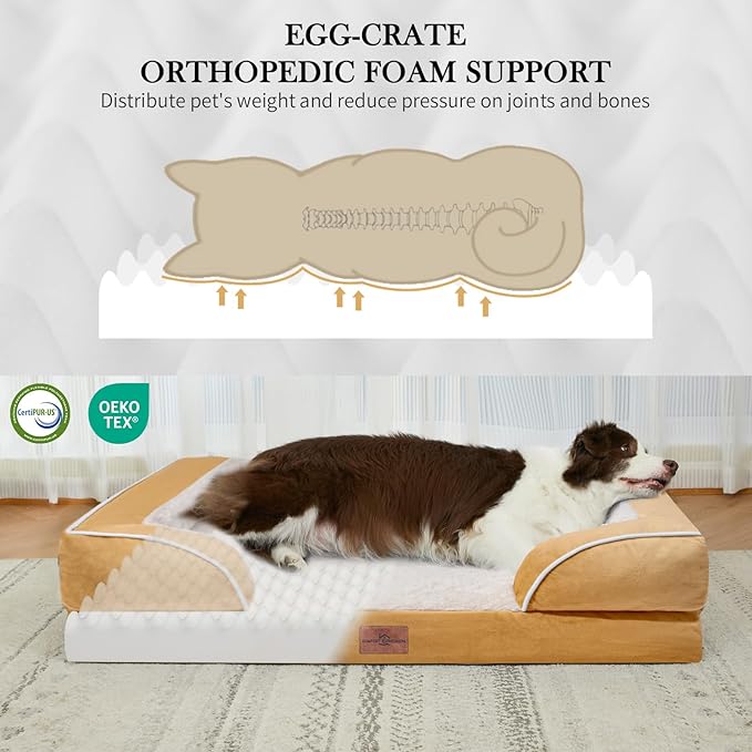 Comfort Expression Orthopedic Dog Bed for Extra Large Dogs 53x42 Inch, Waterproof Supportive Egg Crate Foam XXL Pet Bed with Removable Bolster, Dog Couch with Washable Cover & Non-Slip Bottom, Caramel