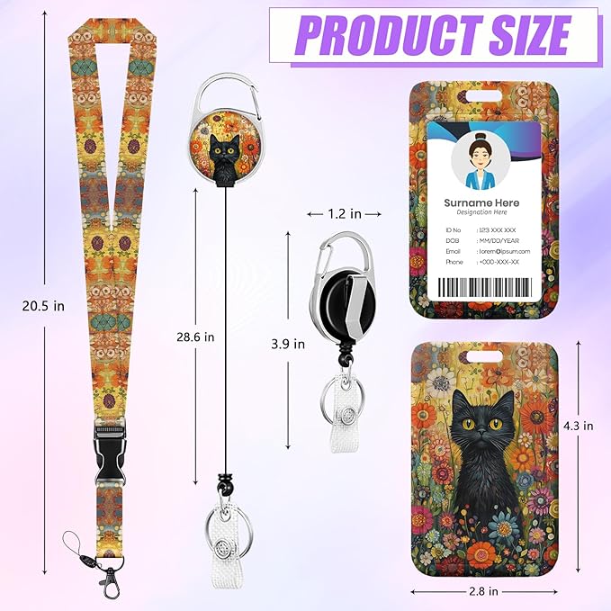 Black Cat Floral ID Badge Holder with Lanyard, Flower Garden Retractable Lanyards for ID Badges Name Tag Clips, Funny Nurse Teacher Office Student Gift