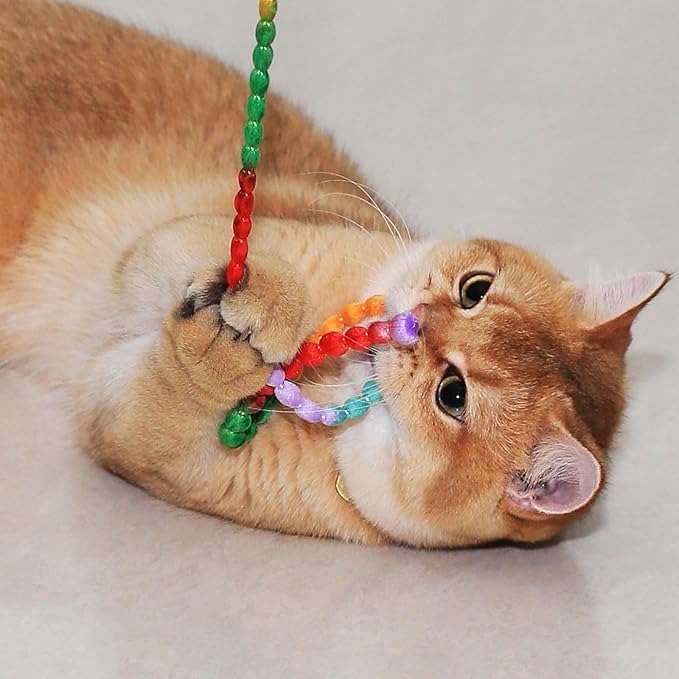 MeowAroma Interactive Cat Toys, 3 Pcs Cat Wand Toys for Indoor Kitten with Colorful Bead Shape Hemp Rope and Small Bell, Kitty Teaser String Toy for Indoor Cats to Chase and Exercise