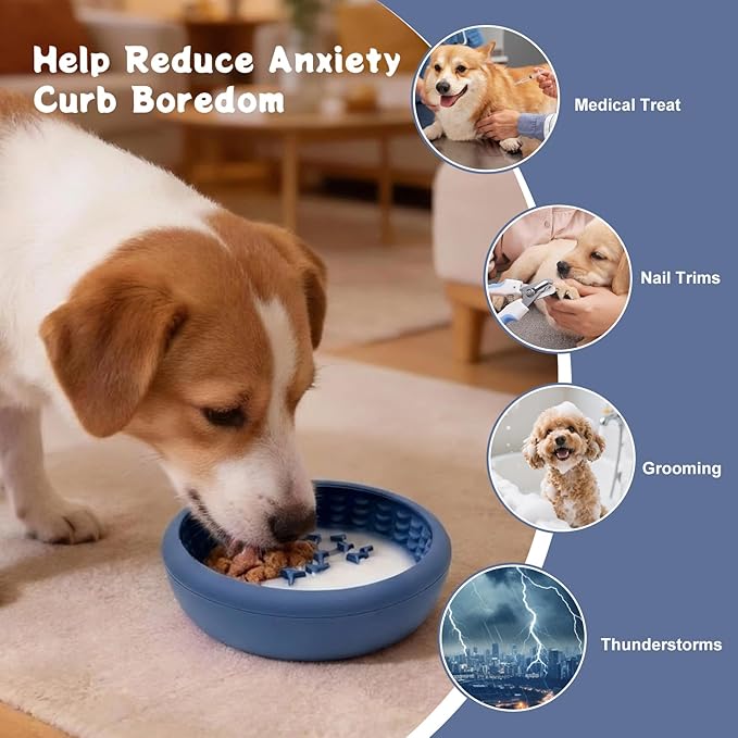 Dog Lick Bowl, Anxiety Relief Slow Feeder Lick Mat for Dogs, Non-Slip Freeze Licking Bowls Enrichment Puzzle Pet Feeding Treat Dispenser for Distraction, Silicone Lick Pads for All Dogs (Blue, Small)