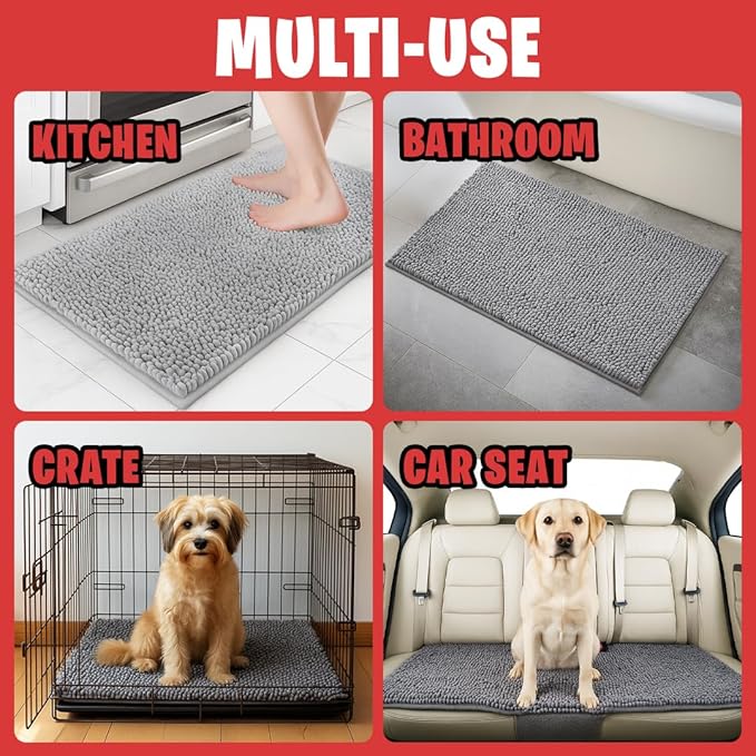 MudGuard Mat™ Dog Door Mat for Muddy Paws, Super Absorbent Microfiber, Non-Slip Indoor Mat, Quick Dry Chenille Mud Mat for Dogs & Entryway, Washable, Grey 24" x 36"