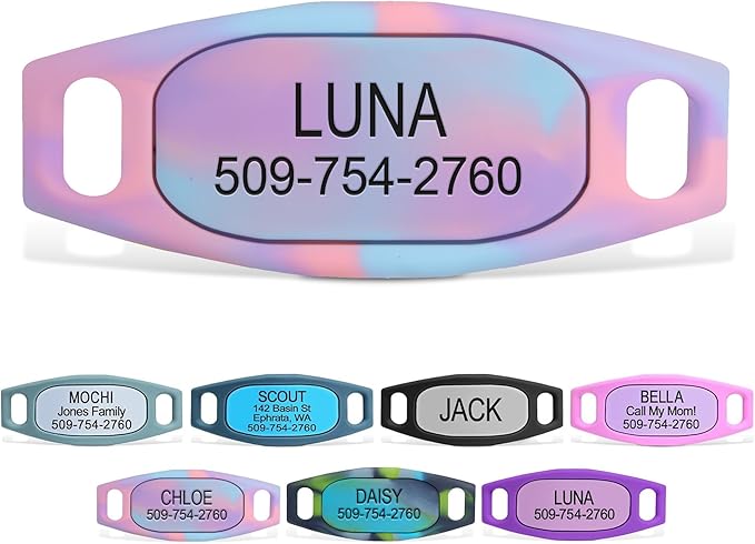 GoTags Silent Dog Tag, Personalized Engraved Silicone and Cat Name Pet ID Tags, Soundless Quiet Slide On Nameplate for Collars, No More Jingling Tags (Tie Dye Pink, Small)