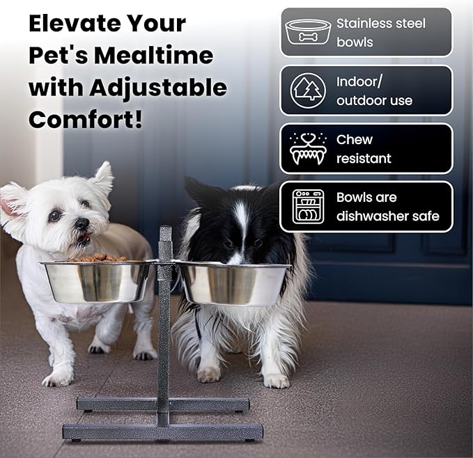 Iconic Pet Adjustable H-Design Double Diner - Non-Skid Rubber Base Noise Free Stable Dog Food Stand with 2 Quart/ 64 oz Stainless Steel Elevated Dog Food Bowls for Proper Growth & Digestion