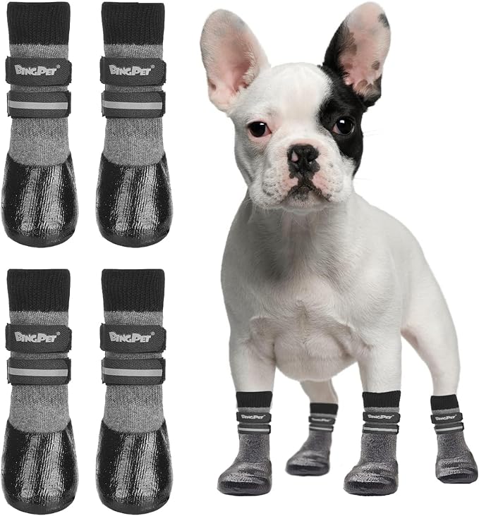 BINGPET Anti-Slip Dog Socks, Waterproof Paw Protectors with Reflective Straps, Dog Boots for Hot Pavement for All Season, Dog Shoes with Traction Control for Indoor & Outdoor Wear, 4pcs