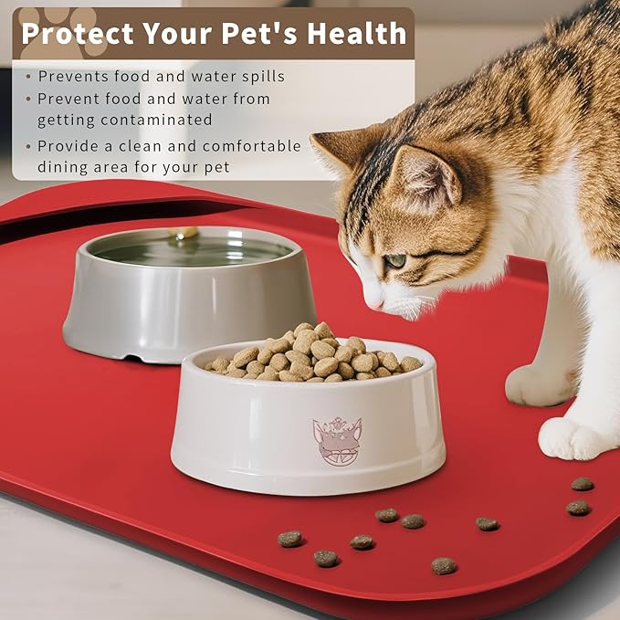 Silicone Pet Food Mat with Raised Edge for Food and Water Bowl, Dog Feeding Mats, Cat Food Trays for Floor Waterproof, Rubber Tray for Dogs and Cats, 24 x 16 x 0.8 Red