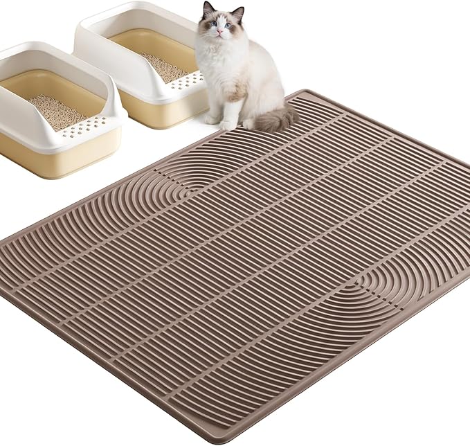 TRZZ XXL Extra Large Cat Litter Mat, Silicone Litter Box Mat for Floor, Waterproof & Non-Slip, Easy to Clean, Cat Litter Trapping Mat & Kitty Litter Catcher for Scatter Control (Brown)