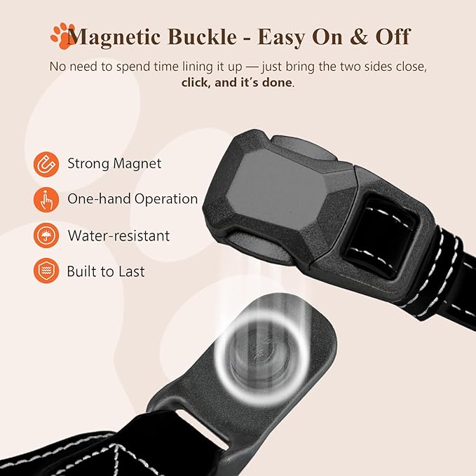 Magnetic Quick-Release Buckle Dog Collar and Leash Set, Easy On & Off Faux Leather Adjustable Puppy Collar for Small, Medium, Large Girl Boy Dogs, for Daily Walks, Travel & Outdoor, Black,L
