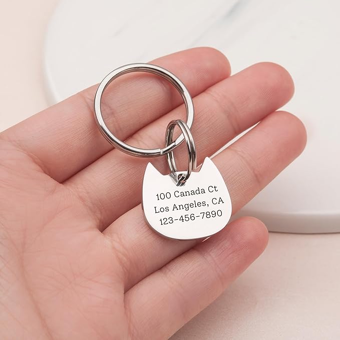 Anavia Small Size Dog Cat ID Tags, Small/XS Personalized Color Plated Stainless Steel Puppy Kitten Name Tags, Customized Engraved Nameplate Pet Collar Tag (Silver, Cat Head)