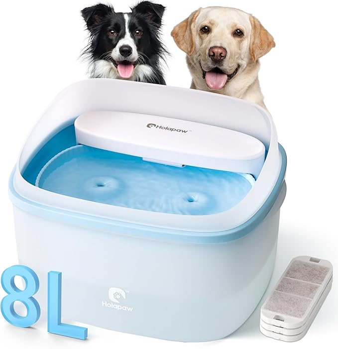 HOLAPAW Dog Water Fountain for Large Dogs, 2.1Gal/8L Dog Water Bowl Dispenser, No Spill Automatic Pet Water Fountain for Dogs Cats Multiple Pets with Ultra Quiet Pump, 3 Filter Replacement, Blue