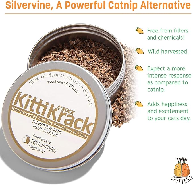 TWINCRITTERS KittiKrack Rock Organic Silvervine Catnip Substitute for Cats & Kittens | All-Natural Wild Harvested Silvervine Granules | 4 Refills for TWINCRITTERS Refillable Plush Cat Toys | 10g