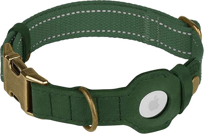 Reflective Leather Dog Collar with AirTag Holder - Soft Apple Airtag Dog Collar with Metal Buckle - Safety Cotton Pet Collars for Dogs Small Large Dogs Puppy (Hunter Green, XS, 9"-12")