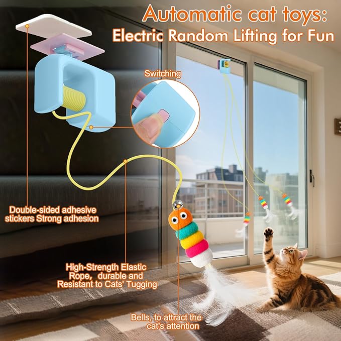 AIERSA Interactive Cat Toys for Indoor Cats,Automatic Cat Hanging Toys for Bored Indoor Adult Cats, Caterpillar and Flying Bird Toy for Door Frame, Self-Play Pet Chase Toy-Blue