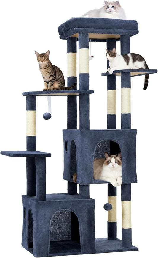 Cat Tree - 157cm Tall, Sisal Wrapped Scratching Post, Cat Nest, Hanging Ball, Extended Platform