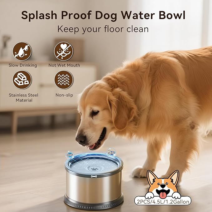 Twinsing 2PCS Dog Water Bowls for Multiple Pets, 4.5L/152oz No Spill Stainless Steel Slow Drinking Water Bowls with Anti-Slip Mat, Splash Proof Pet Bowl for Sloppy Messy Drinkers, Medium Large Dogs