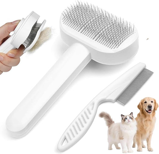 Self-Cleaning Slicker Brush for Dogs & Cats, 3-in-1 Grooming Kit with Detangling Comb & Storage Box, Deshedding Tool for Long Short Hair Pets, Skin-Friendly Brush Prevents Matting & Tangles