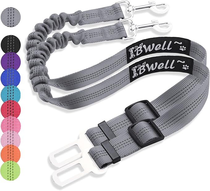 IBWell Dog Seat Belt for Car with Elastic Bungee Leash, Car Leash Car Seat Belt for Dogs (Grey, 2PCS-27.6")
